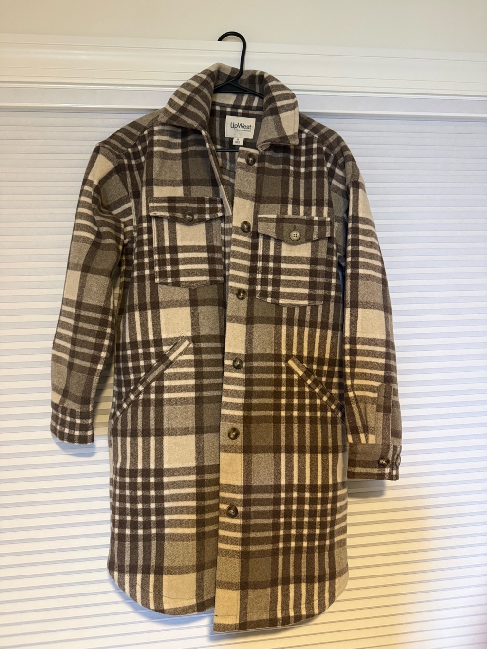UpWest Plaid Long Button Coat in Brown and Cream